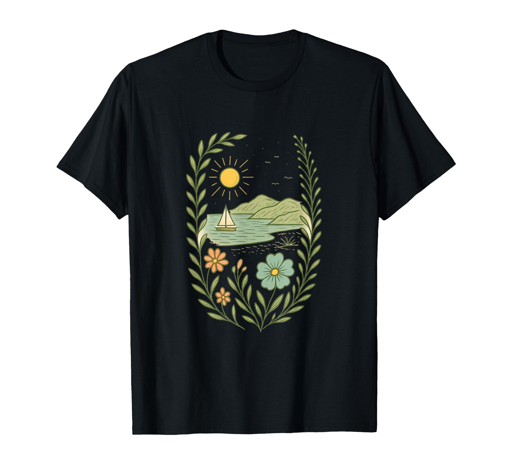 Sailboat Beach Boho Floral Summer T-Shirt - Streetwear Style Men Women - T-Shirt, Sweatshirt, Hoodie