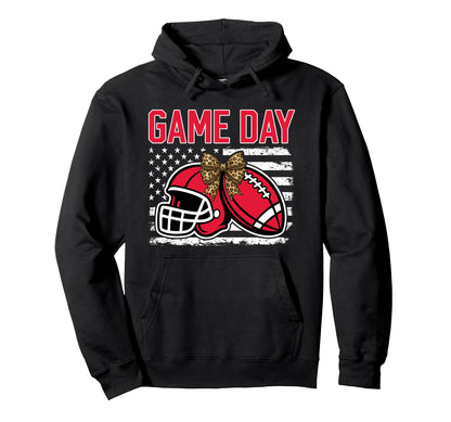 Game Day Football Bow Red Mom Mama Hoodie - Novelty Apparel for Adults - T-Shirt, Sweatshirt, Hoodie