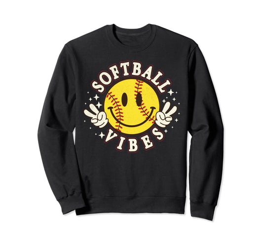 Softball Vibes Smile Face Game Day Sweatshirt - Minimalist Print Men Women - T-Shirt, Sweatshirt, Hoodie