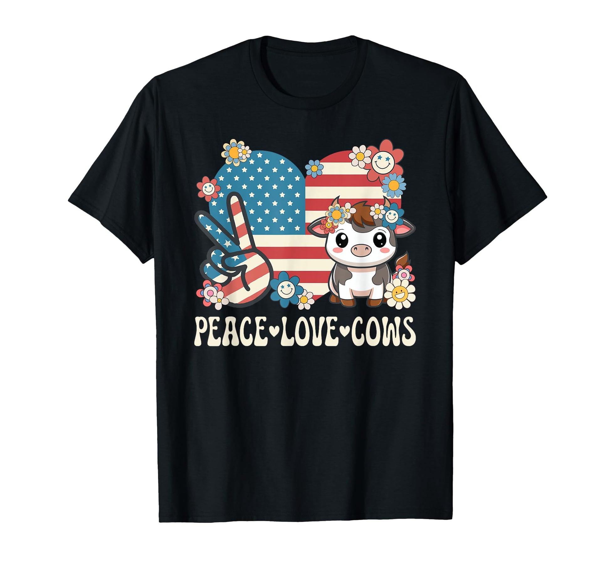 Peace Love Cows American Flag Patriotic T-Shirt - Novelty Apparel Unisex - T-Shirt, Sweatshirt, Hoodie