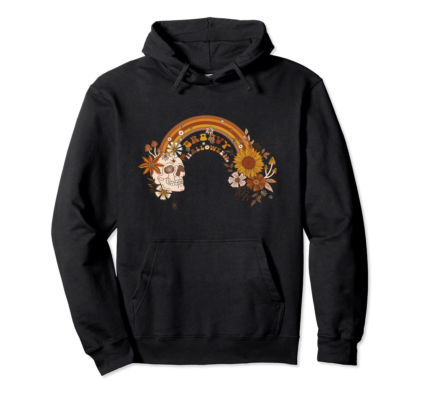 Groovy Halloween Rainbow Skull Boho Floral Hoodie - Novelty Apparel Unisex - T-Shirt, Sweatshirt, Hoodie