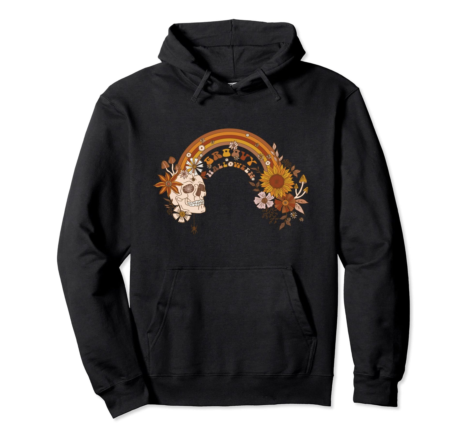 Groovy Halloween Rainbow Skull Boho Floral Hoodie - Novelty Apparel Unisex - T-Shirt, Sweatshirt, Hoodie