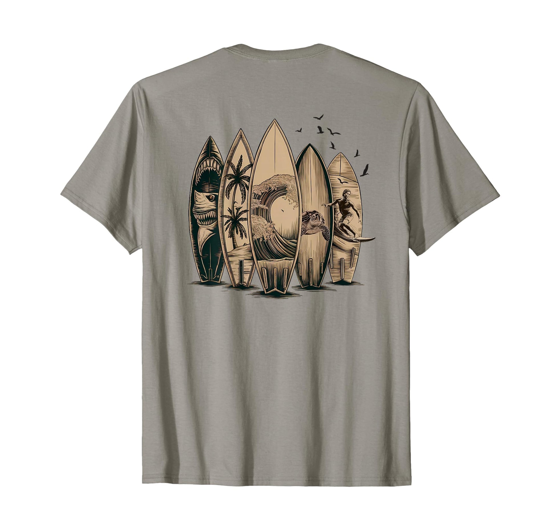 Back Surfing Tropical Surfboards T-Shirt - Trendy Graphic Unisex - T-Shirt, Sweatshirt, Hoodie