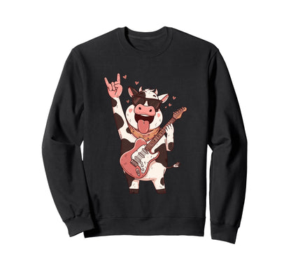 Funny Cow Rockstar Guitar Playing Sweatshirt - Minimalist Print for Adults - T-Shirt, Sweatshirt, Hoodie
