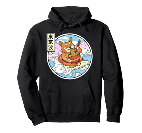 Surfing Shiba Inu Eating Ramen Japan Hoodie - Graphic Print for Adults - T-Shirt, Sweatshirt, Hoodie