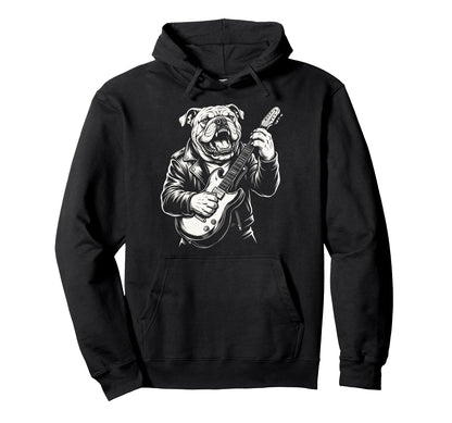 Funny Bulldog Dog Playing Guitar Heavy Hoodie - Custom Art Print Men Women - T-Shirt, Sweatshirt, Hoodie