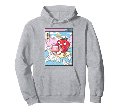 Surfing Strawberry Drinking Milk Japan Hoodie - Streetwear Style Unisex - T-Shirt, Sweatshirt, Hoodie