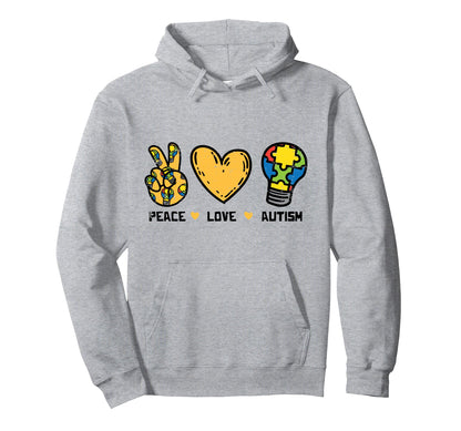 Peace Love Autism Light Bulb Puzzle Hoodie - Aesthetic Graphic Unisex - T-Shirt, Sweatshirt, Hoodie