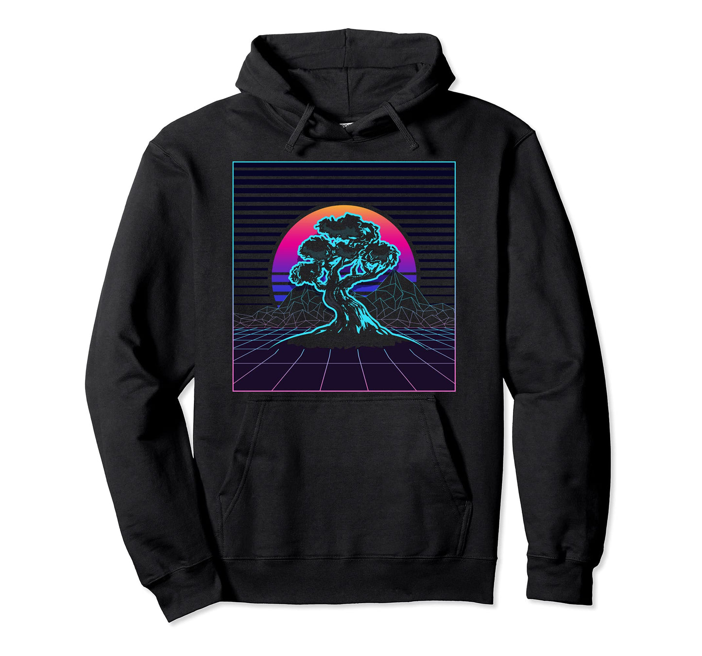 Bonsai Tree Japanese Zen Synthwave Sun Hoodie - Graphic Print Men Women - T-Shirt, Sweatshirt, Hoodie