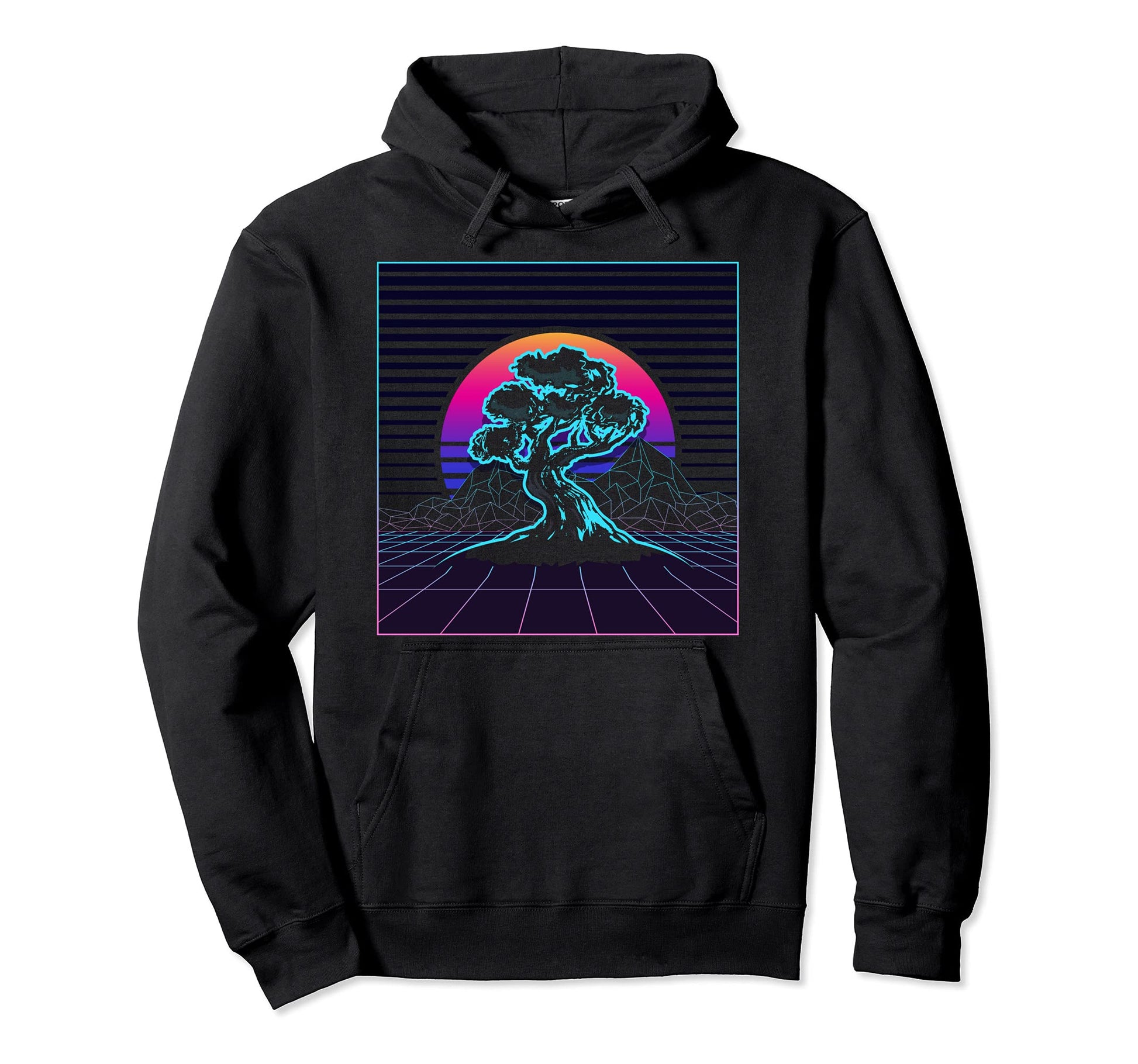 Bonsai Tree Japanese Zen Synthwave Sun Hoodie - Graphic Print Men Women - T-Shirt, Sweatshirt, Hoodie