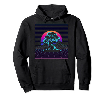 Bonsai Tree Japanese Zen Synthwave Sun Hoodie - Graphic Print Men Women - T-Shirt, Sweatshirt, Hoodie