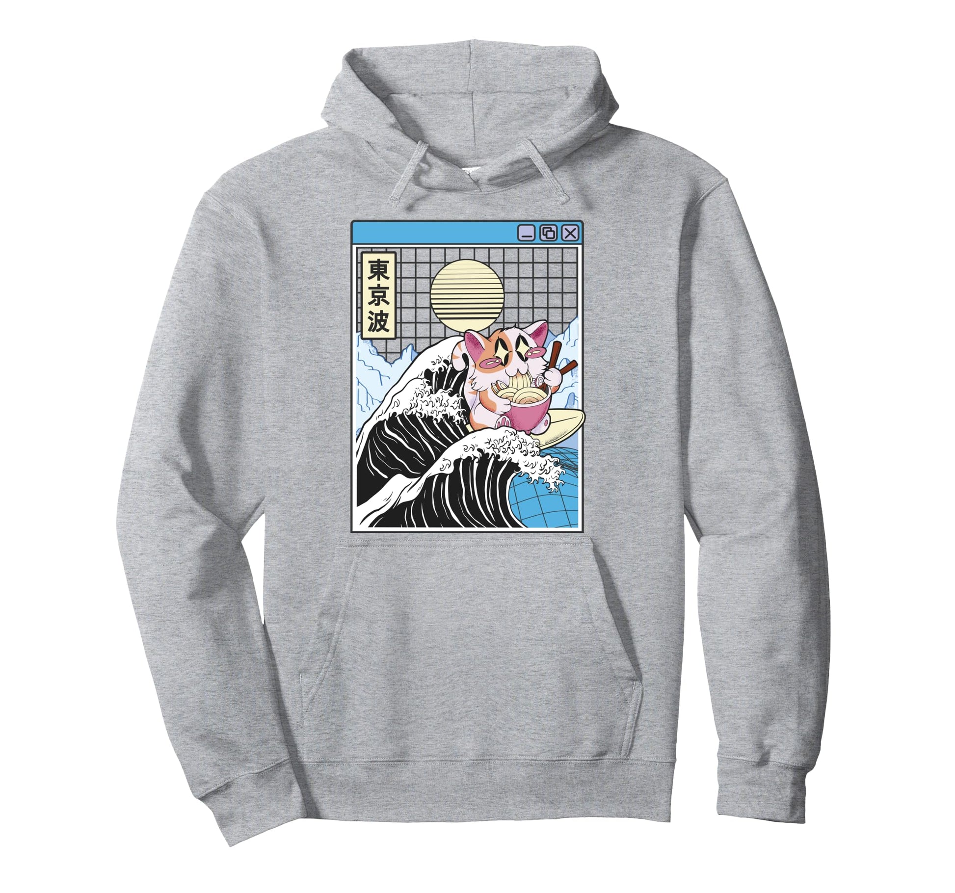 Happy Cat Eating Ramen Surfing Hoodie - Minimalist Print for Adults - T-Shirt, Sweatshirt, Hoodie