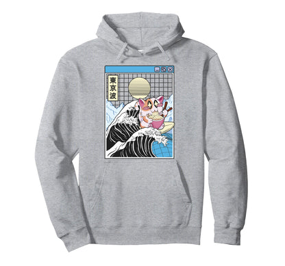 Happy Cat Eating Ramen Surfing Hoodie - Minimalist Print for Adults - T-Shirt, Sweatshirt, Hoodie