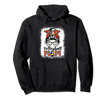 Volleyball Mom Game Day Messy Bun Leopard Hoodie - Novelty Apparel Unisex - T-Shirt, Sweatshirt, Hoodie