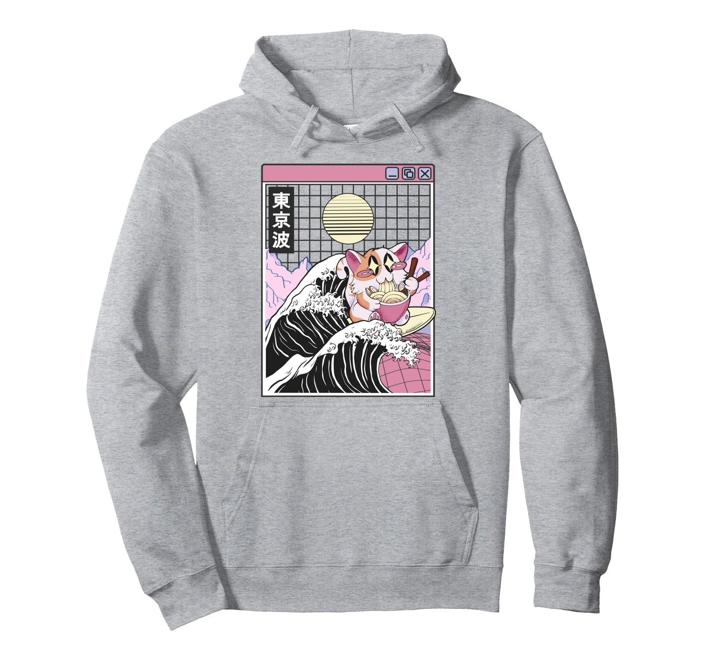 Happy Cat Eating Ramen Surfing Kanagawa Hoodie - Aesthetic Graphic Unisex - T-Shirt, Sweatshirt, Hoodie