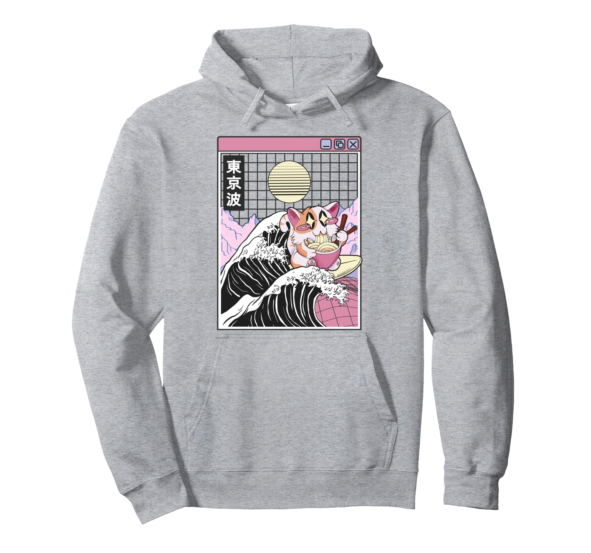 Happy Cat Eating Ramen Surfing Kanagawa Hoodie - Aesthetic Graphic Unisex - T-Shirt, Sweatshirt, Hoodie