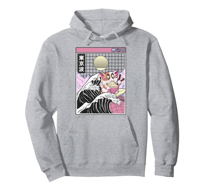 Happy Cat Eating Ramen Surfing Kanagawa Hoodie - Aesthetic Graphic Unisex - T-Shirt, Sweatshirt, Hoodie