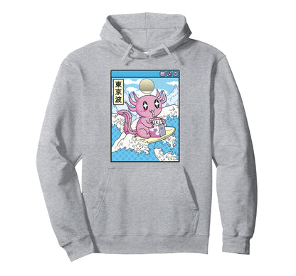 Surfing Axolotl Drinking Strawberry Hoodie - Aesthetic Graphic Men Women - T-Shirt, Sweatshirt, Hoodie