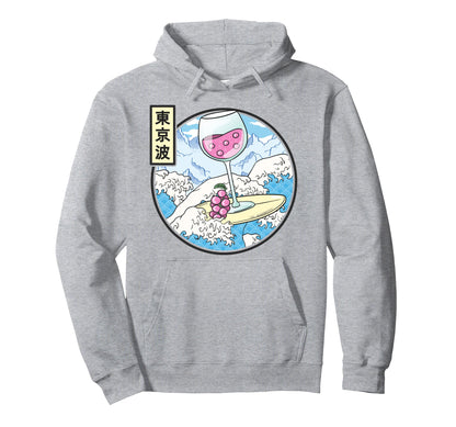Surfing Wine Glass Japan Waves Kawaii Hoodie - Novelty Apparel Unisex - T-Shirt, Sweatshirt, Hoodie