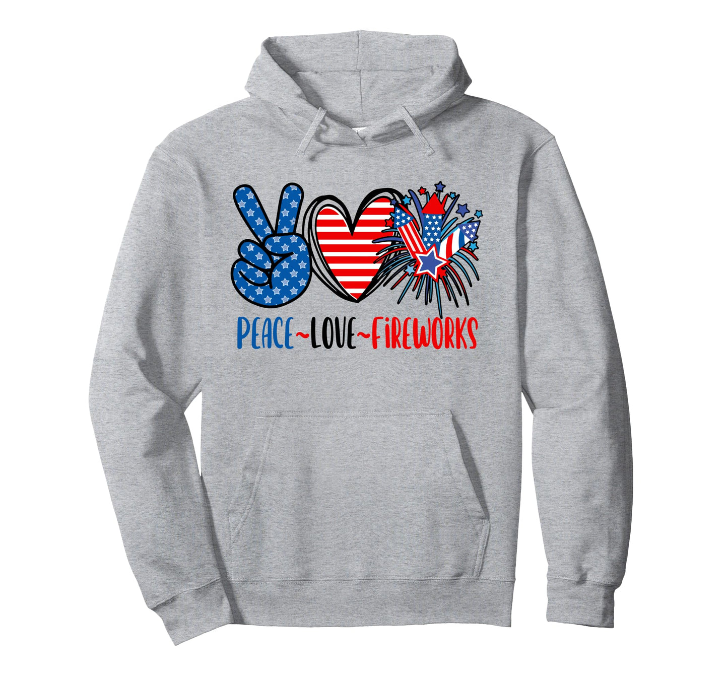 Peace Love Fireworks 4Th July Us Flag Hoodie - Trendy Graphic for Adults - T-Shirt, Sweatshirt, Hoodie
