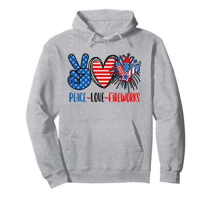 Peace Love Fireworks 4Th July Us Flag Hoodie - Trendy Graphic for Adults - T-Shirt, Sweatshirt, Hoodie