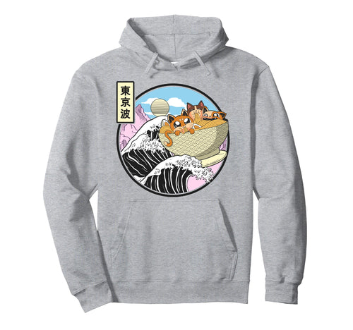 Surfing Cats Eating Ramen Bowl Kanagawa Hoodie - Streetwear Style Unisex - T-Shirt, Sweatshirt, Hoodie