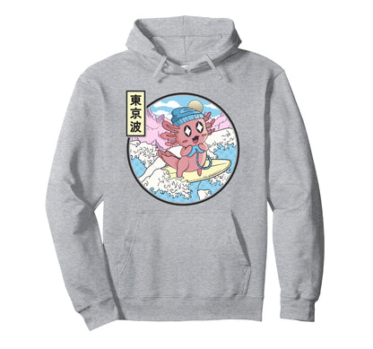 Gaming Axolotl Surfing Japanese Wave Hoodie - Minimalist Print Unisex - T-Shirt, Sweatshirt, Hoodie