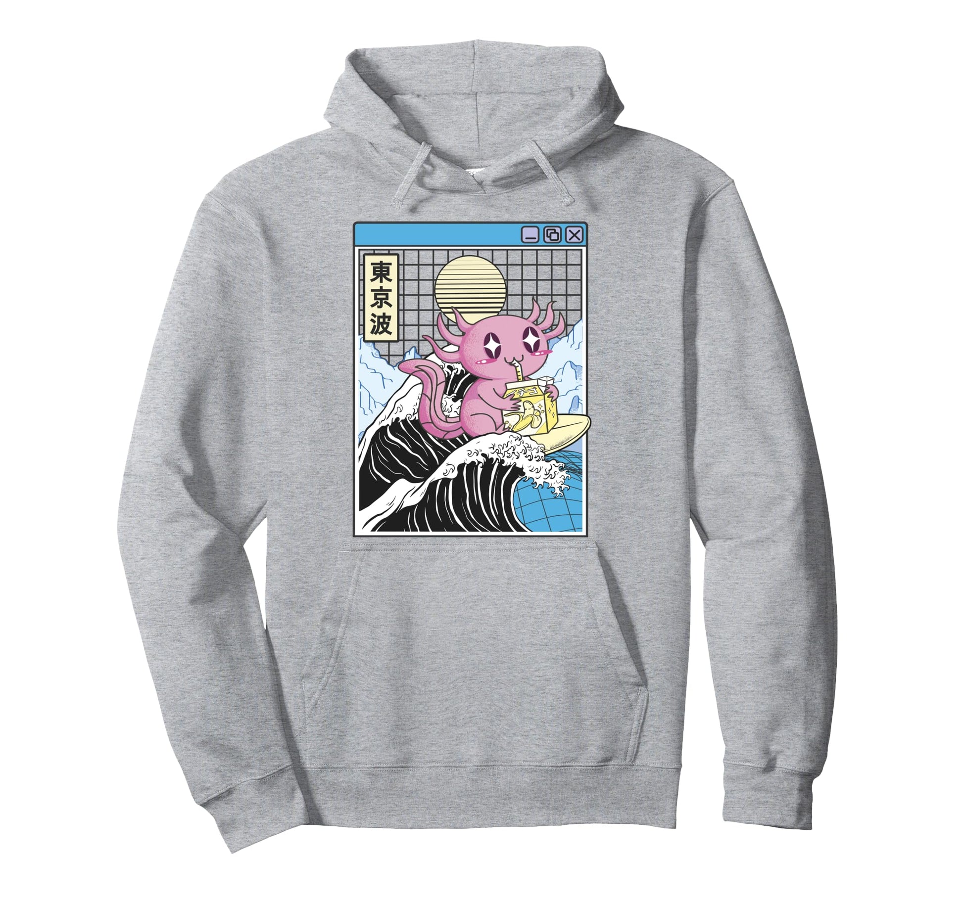 Axolotl Drinking Banana Milk Kanagawa Wave Hoodie - Novelty Apparel Unisex - T-Shirt, Sweatshirt, Hoodie