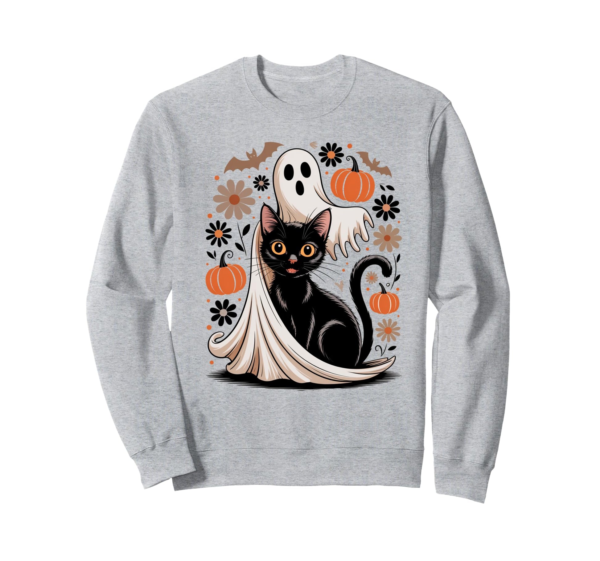 Boho Halloween Cat Ghost Sweatshirt - Casual Everyday Wear Men Women - T-Shirt, Sweatshirt, Hoodie