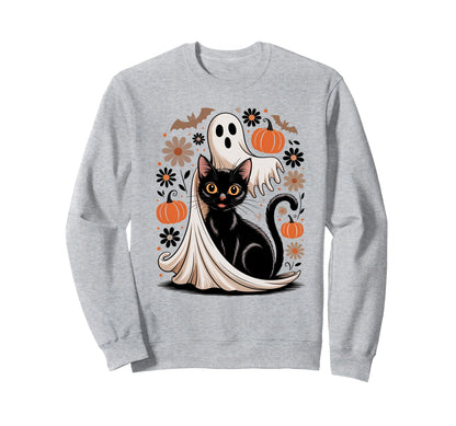 Boho Halloween Cat Ghost Sweatshirt - Casual Everyday Wear Men Women - T-Shirt, Sweatshirt, Hoodie