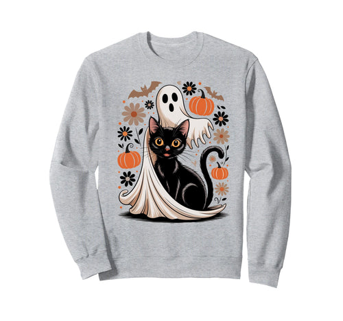 Boho Halloween Cat Ghost Sweatshirt - Casual Everyday Wear Men Women - T-Shirt, Sweatshirt, Hoodie