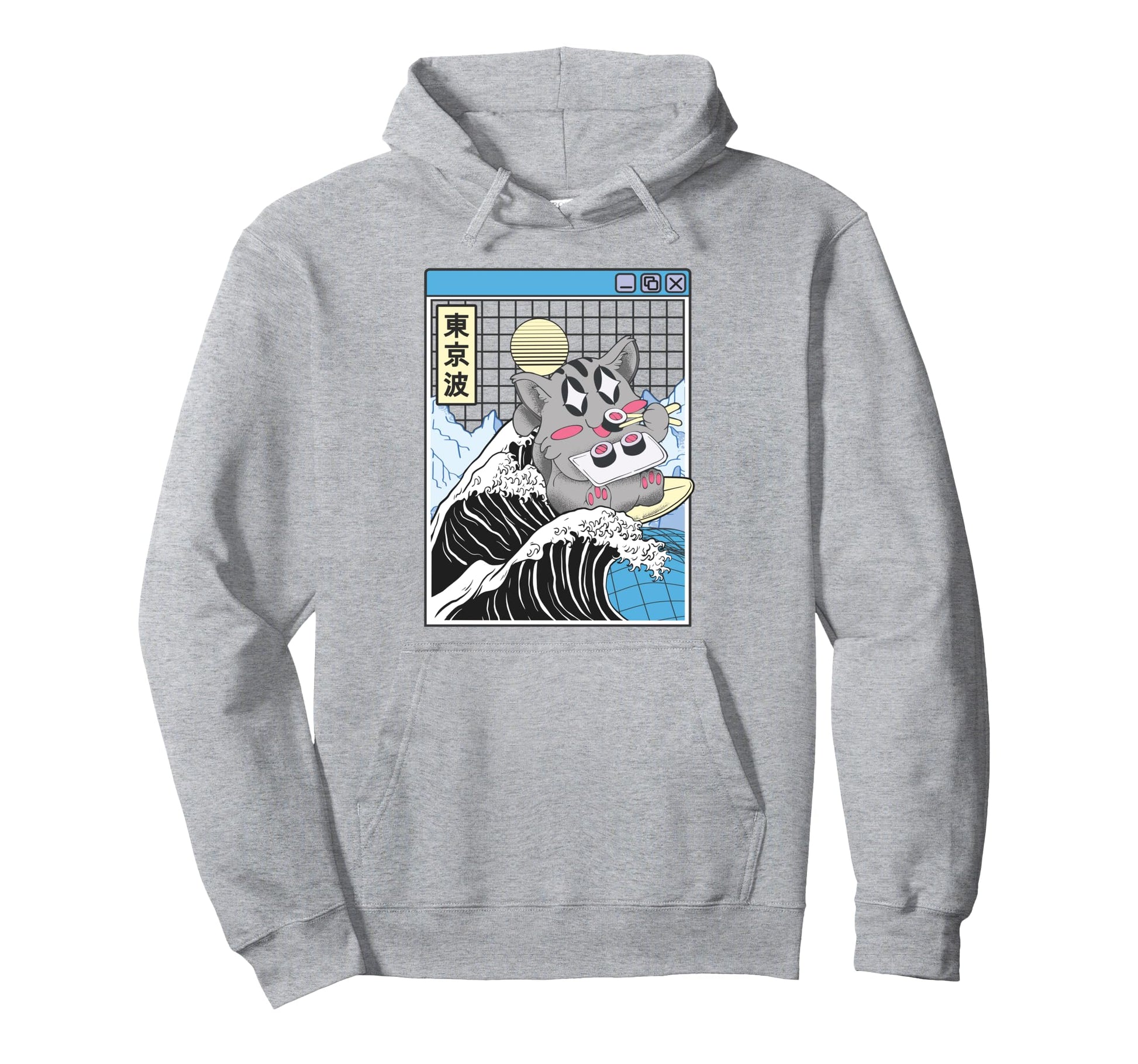 Cat Eating Sushi Surfing Kanagawa Hoodie - Casual Everyday Wear for Adults - T-Shirt, Sweatshirt, Hoodie