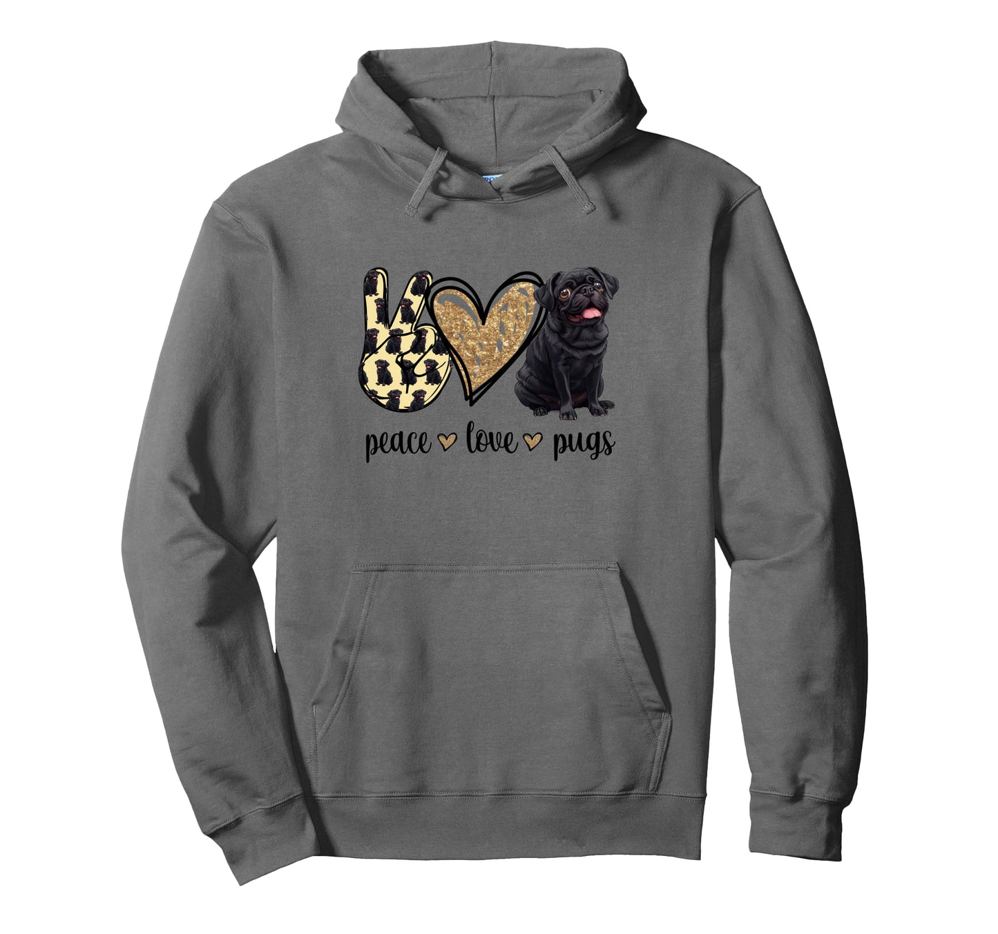 Funny Womens Peace Love Black Pug Lover Hoodie - Streetwear Style Men Women - T-Shirt, Sweatshirt, Hoodie