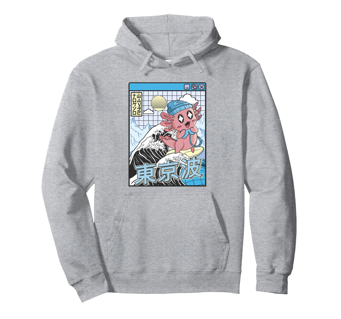 Gaming Axolotl Surfing Kanagawa Wave Hoodie - Aesthetic Graphic for Adults - T-Shirt, Sweatshirt, Hoodie