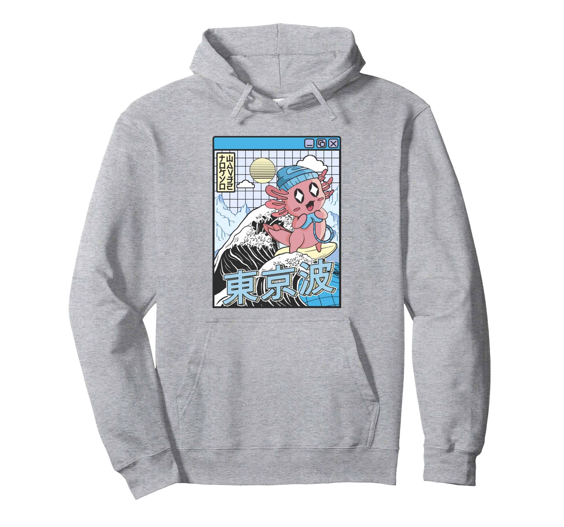 Gaming Axolotl Surfing Kanagawa Wave Hoodie - Aesthetic Graphic for Adults - T-Shirt, Sweatshirt, Hoodie