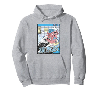 Gaming Axolotl Surfing Kanagawa Wave Hoodie - Aesthetic Graphic for Adults - T-Shirt, Sweatshirt, Hoodie