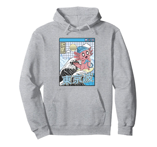 Gaming Axolotl Surfing Kanagawa Wave Hoodie - Aesthetic Graphic for Adults - T-Shirt, Sweatshirt, Hoodie