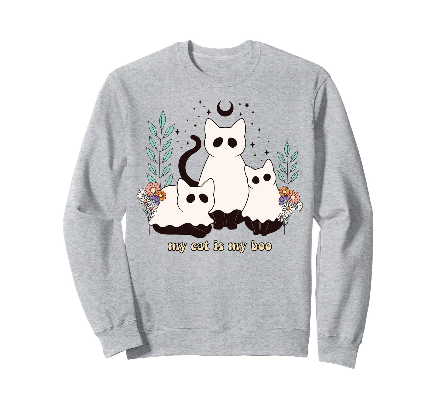 Ghost Cats Halloween Witchy Boho Sweatshirt - Novelty Apparel for Adults - T-Shirt, Sweatshirt, Hoodie