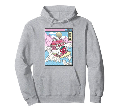 Surfing Strawberry Milk Carton Japan Hoodie - Aesthetic Graphic Men Women - T-Shirt, Sweatshirt, Hoodie