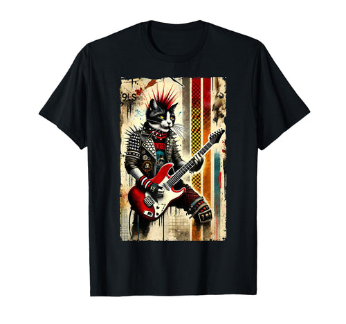 Distressed Cat Playing Guitar 90S Punk Rock T-Shirt - Graphic Print Unisex - T-Shirt, Sweatshirt, Hoodie