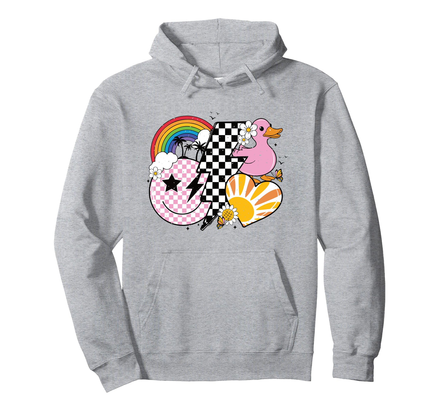 Happy Face Duck Rainbow Heart Hoodie - Aesthetic Graphic Men Women - T-Shirt, Sweatshirt, Hoodie