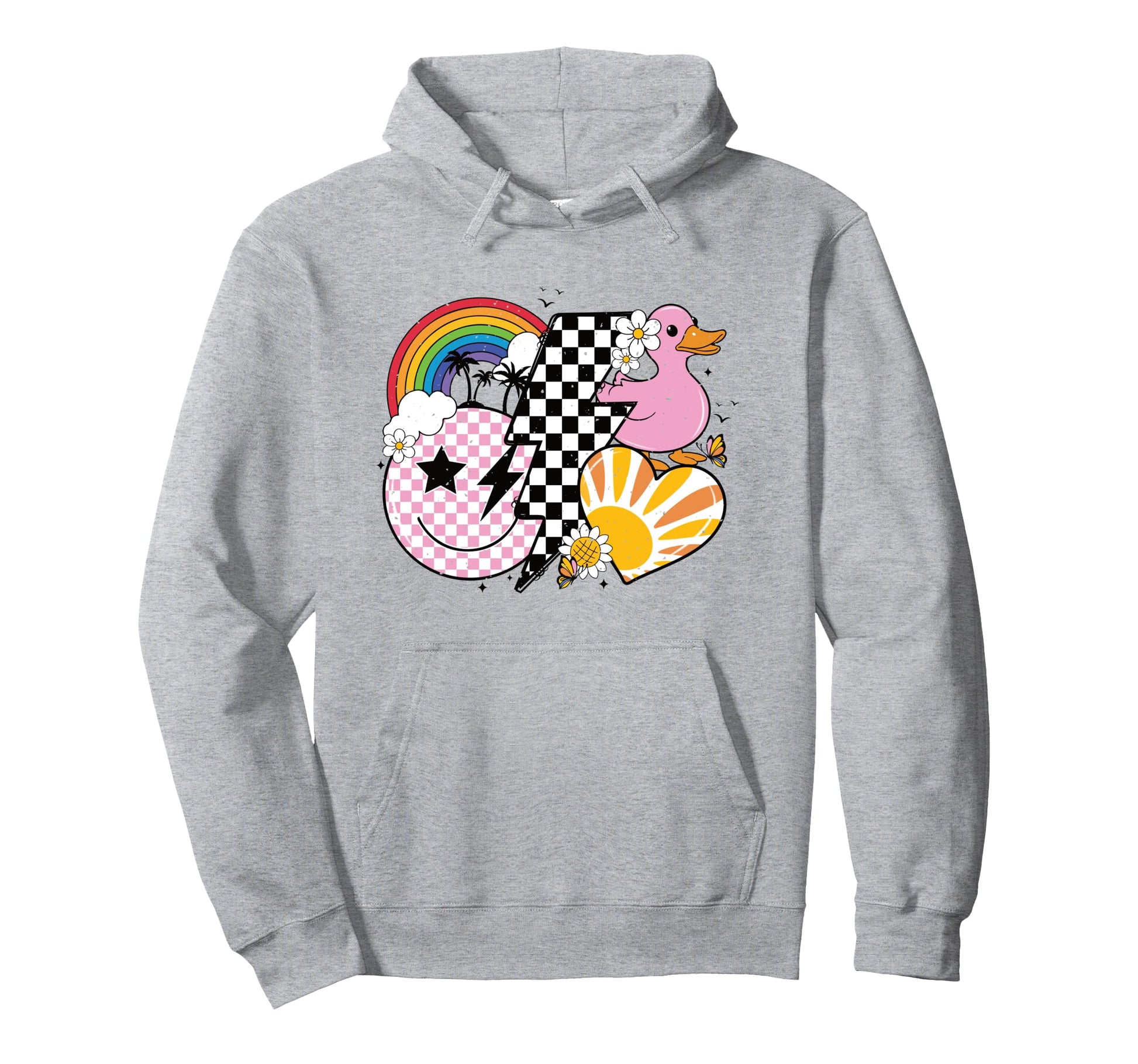 Happy Face Duck Rainbow Heart Hoodie - Aesthetic Graphic Men Women - T-Shirt, Sweatshirt, Hoodie