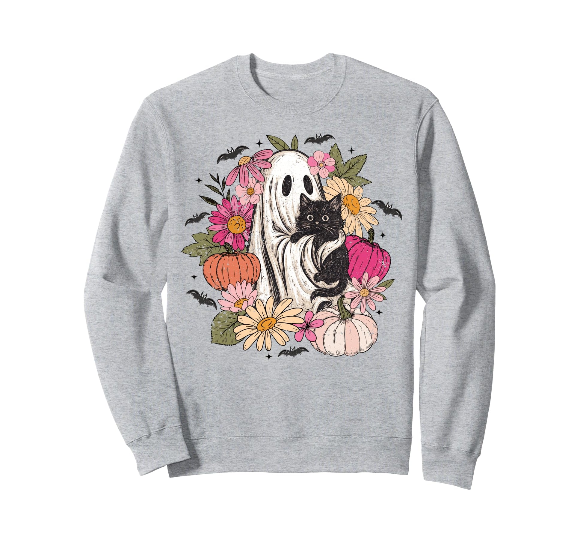 Ghost Black Cat Floral Boho Sweatshirt - Streetwear Style Unisex - T-Shirt, Sweatshirt, Hoodie