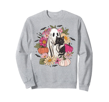 Ghost Black Cat Floral Boho Sweatshirt - Streetwear Style Unisex - T-Shirt, Sweatshirt, Hoodie