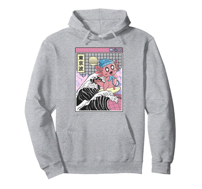 Gaming Axolotl Surfing Kanagawa Wave Hoodie - Streetwear Style Men Women - T-Shirt, Sweatshirt, Hoodie