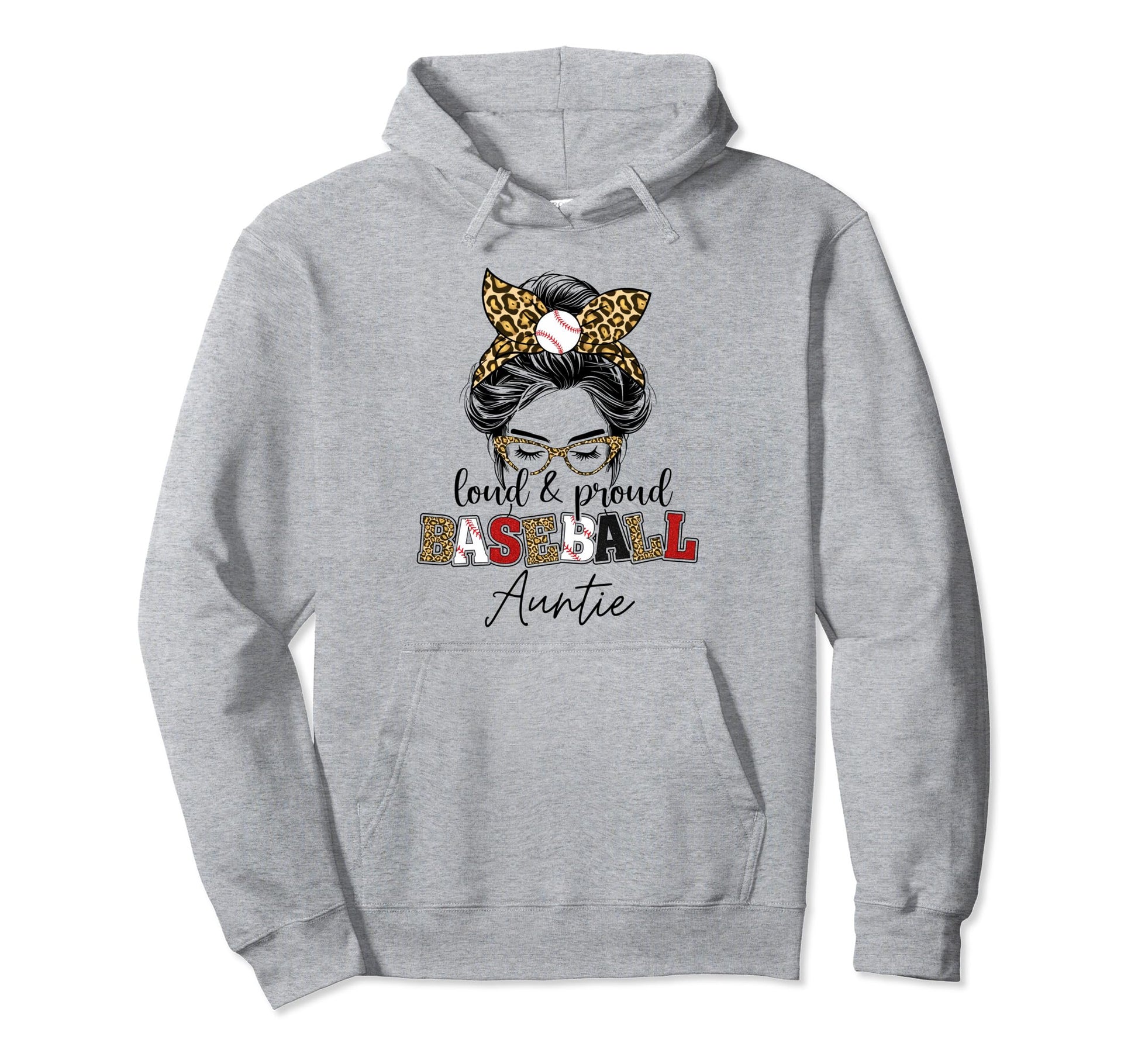 Proud Baseball Auntie Messy Bun Leopard Hoodie - Fun Novelty Design Unisex - T-Shirt, Sweatshirt, Hoodie