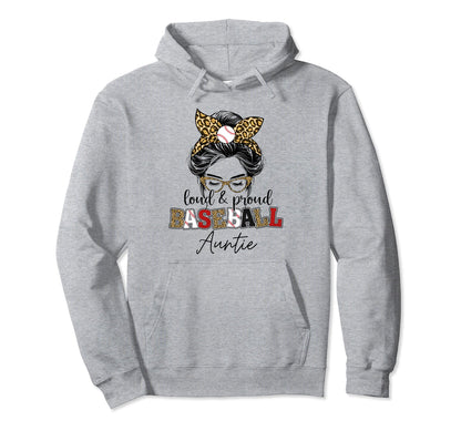 Proud Baseball Auntie Messy Bun Leopard Hoodie - Fun Novelty Design Unisex - T-Shirt, Sweatshirt, Hoodie