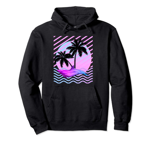 Palm Tree And Vaporwave Dolphin Hoodie - Aesthetic Graphic Men Women - T-Shirt, Sweatshirt, Hoodie