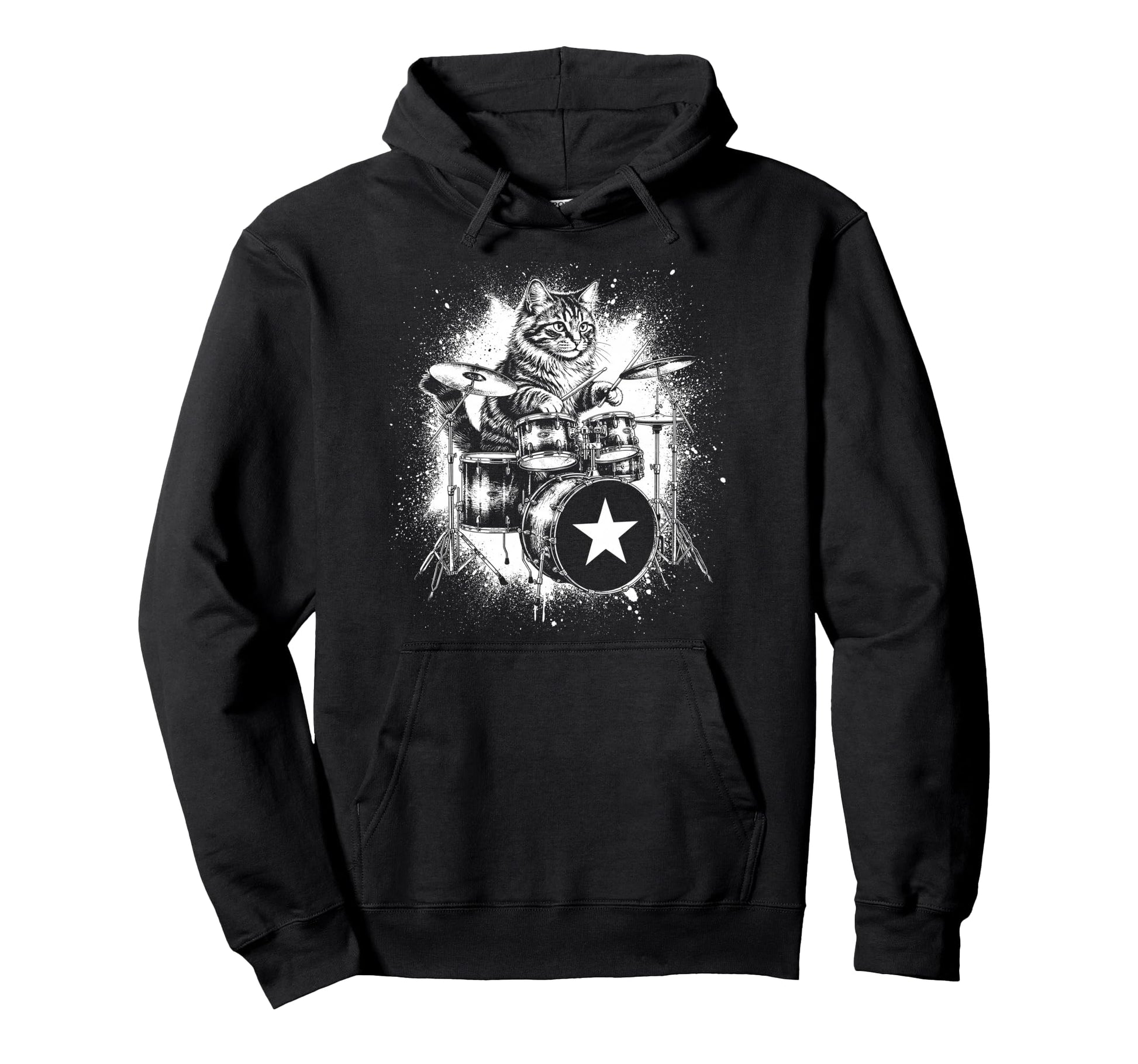 Rock Punk Rockstar Kitten Cat Drummer Hoodie - Unique Graphic Men Women - T-Shirt, Sweatshirt, Hoodie