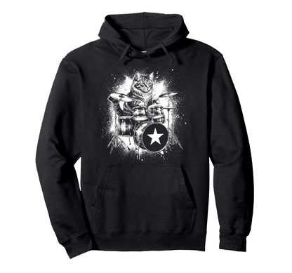 Rock Punk Rockstar Kitten Cat Drummer Hoodie - Unique Graphic Men Women - T-Shirt, Sweatshirt, Hoodie